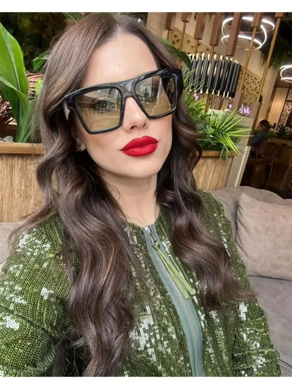 Gucci GG0962S 004 Sunglasses Black White Square Frame, Green Lenses